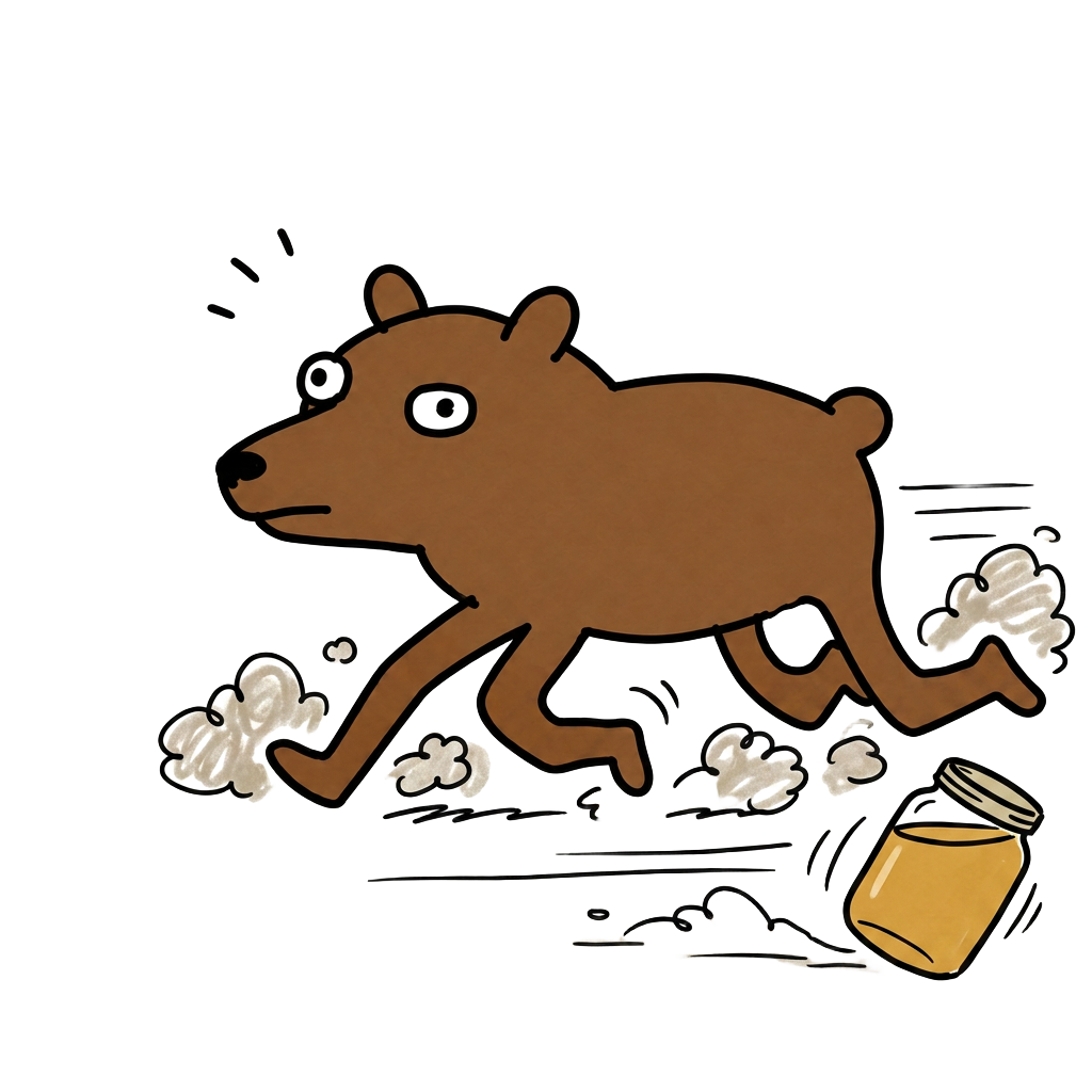 BER running away from a spilled honey jar, kicking up dust